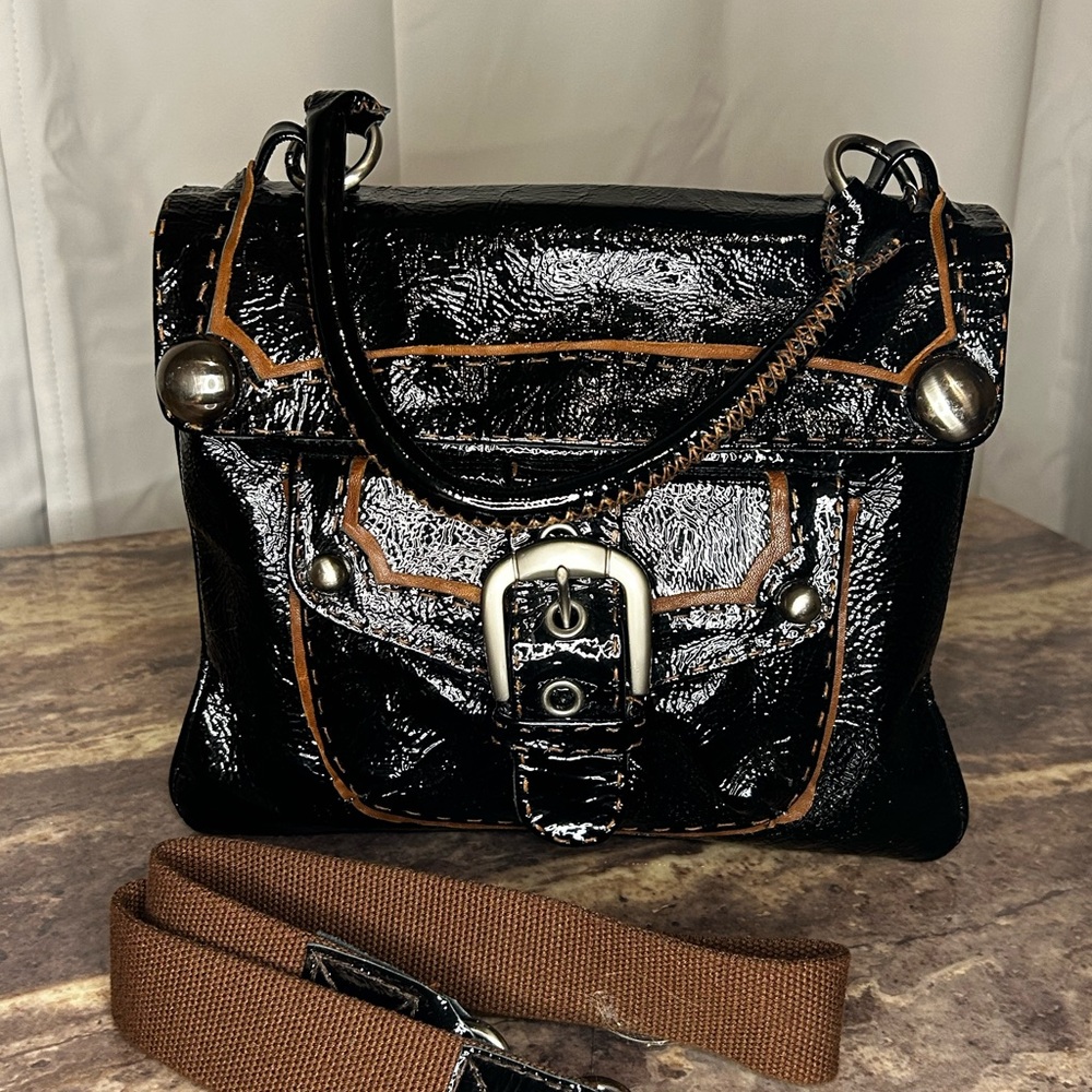 SOLD.     Elegant Black and Brown Shoulder Bag with Gold Accents